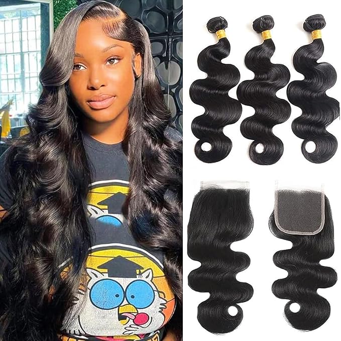 12A Body Wave Human Hair Bundles with Closure (20 22 24 +18,Free Part) Closure with 3 Bundles Brazilian Virgin Hair Extensions with Pre Plucked with Baby Hair 5X5 HD Lace Closure Natural Black Color