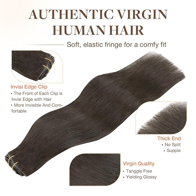 GOO GOO Invisi Edge Clip in Hair Extensions, 22inch 150g 7Pcs, Injected Seamless PU Clip in Hair Extensions, Virgin Real Human Hair, #1C Mocha Brown