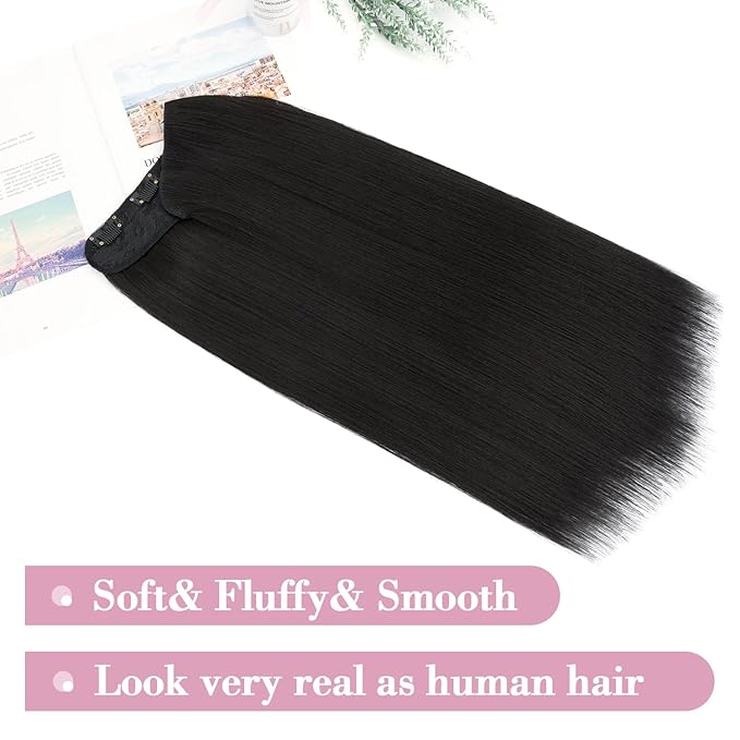S-noilite One Piece Clip in Hair Extensions 18 Inch U-Shaped One Piece Hair Extensions with 5 Clips 3/4 Full Head Long Straight Clip in Hair Weft Synthetic Black Clip in Hairpieces for Women,#3