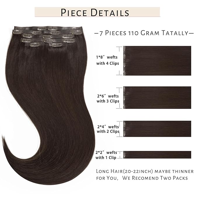 Caliee Seamless Clip in Hair Extensions 2A Light Dark Brown Clip in Remy Human Hair Extensions Invisible PU Skin Weft Natural Straight Hair 14Inch 110G 7Pcs Clip in Hair Extensions for Woman