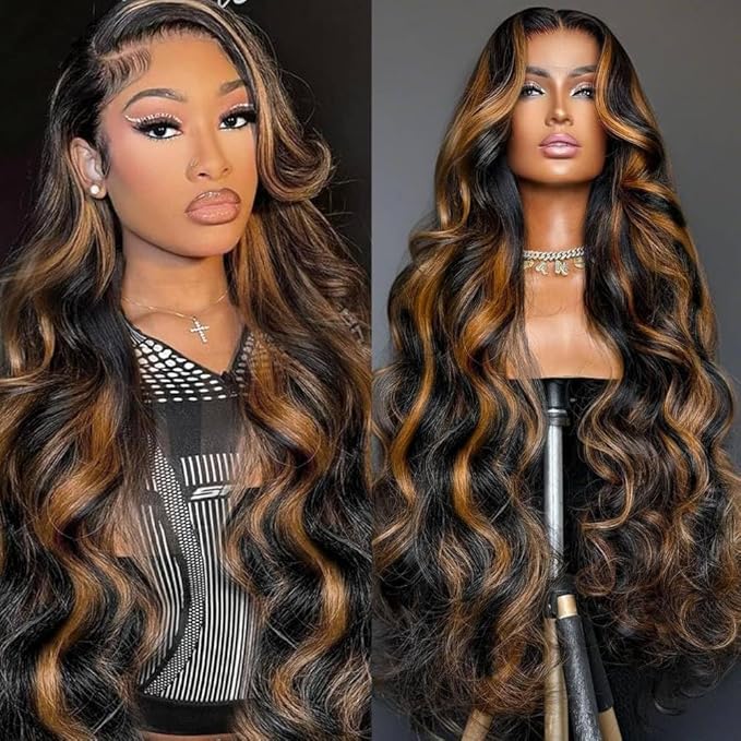 13x6 Ombre Lace Front Wig Human Hair 1B/30 Highlight 180% Density Body Wave Brazilian Virgin Human Hair Wigs for Women Pre Plucked with Baby Hair 20Inch