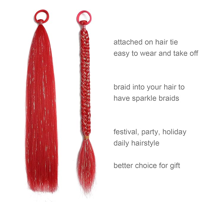 Colored Hair Extensions Red Ponytail Extension 2 Packs, 20 inch Crazy Hair Day Accessories for Women, DIY Festival Wacky Rave Braids,Tinsel Mixed