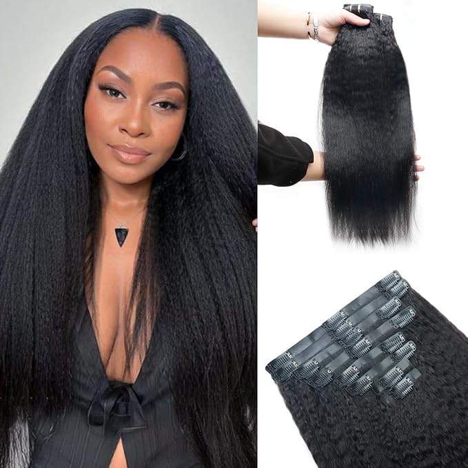 Kinky Straight Clip in Hair Extensions Real Human Hair 2 Pack 240g Seamless Clip in Hair Extensions for Women Full Max with 16Pcs PU Skin Weft 16inch Natural Black