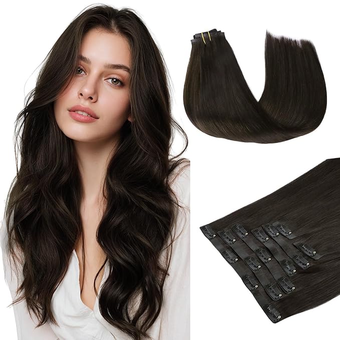 HOTBANANA Seamless Clip in Hair Extensions, 24 Inch 140g 7pcs Dark Brown Invisible PU Skin Weft Straight Remy Human Hair Extensions
