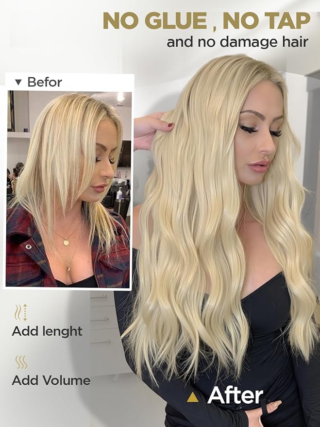 Twin Tab Butterfly Genius Weft Human Hair Extensions Latest Double Invisible Real 100% Remy Human Hair Weft with Micro Bead Simulated Scalp Hair Extensions 100g 7ps 18 Inch White Blonde