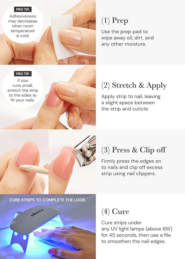 ohora Semi Cured Gel Nail Strips (N Rainbow French) - Nude, French, Works with UV/LED Lamps, Salon-Quality, Long Lasting, Easy to Apply & Remove - Includes 2 Prep Pads, Nail File & Wooden Stick