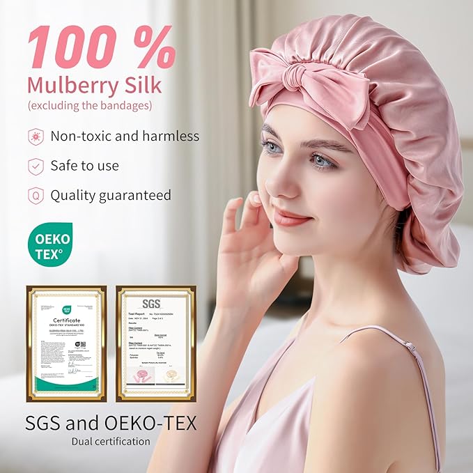 Silk Bonnet for Sleeping Women, 22 Momme 100% Mulberry Silk Sleep Cap, Double-Layer Reversible Silk Hair Wrap for Women & Night Hair Care, Fits All Hair Types – Pink