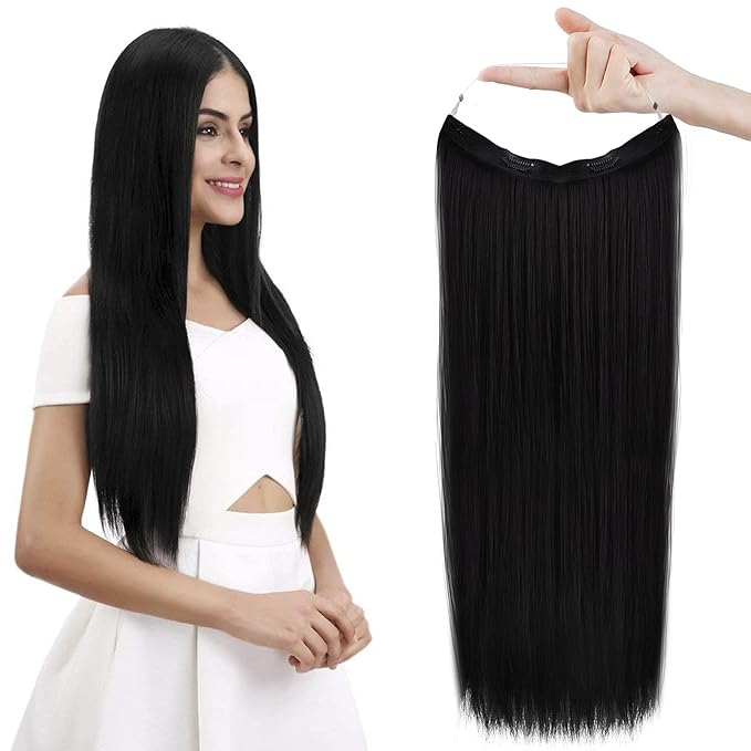 REECHO Invisible Wire Hair Extensions with Transparent Headband Adjustable Size Removable Secure Clips in Straight Secret Hairpiece for Women - Natural Black