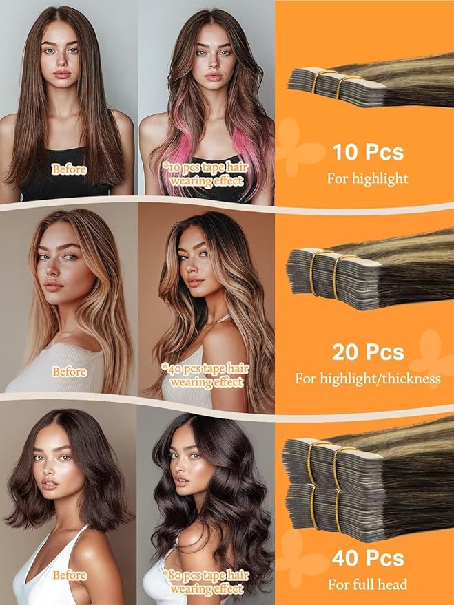 DOORES Tape in Hair Extensions Real Human Hair, Chocolate Brown Highlight Caramel Blonde 20pcs 40g 12 Inch, Tape in Human Natural Extensions Short Straight Remy Natural Soft