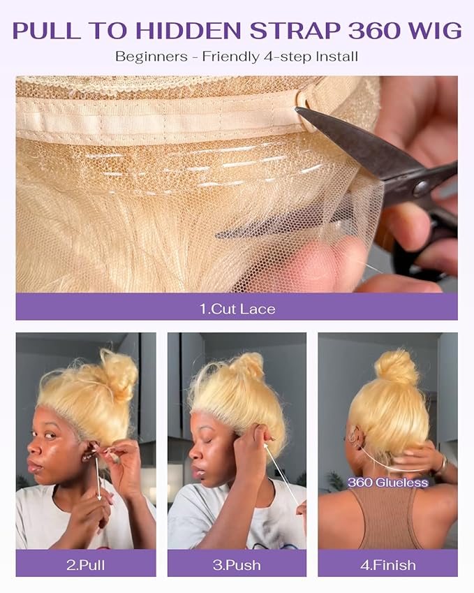 Hidden Strap Body Wave 360 613 Lace Front Wig Human Hair Glueless Wigs Human hair Pre Plucked Pre Bleached 180% Density Blonde Wig With Drawstring HD Full Lace Human Hair Wigs 20Inch
