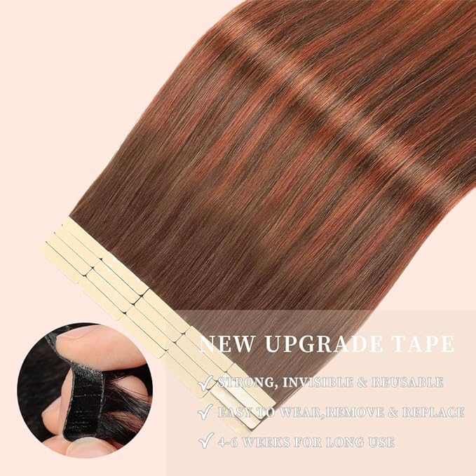 Tape in Hair Extensions Human Hair Chocolate Brown to Auburn Brown Remy Hair Extensions 20pcs 14 Inch Straight Invisible Human Hair Tape in Extensions Skin Weft Tape Extensions (#4/33/4,14 Inch)