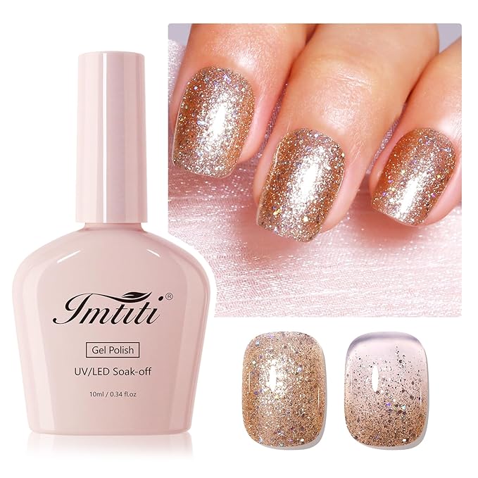 Imtiti Glitter Gel Nail Polish, 1Pcs Champagne Gold Gel Polish Sparkle Champagne Gold Soak Off UV LED Gel Polish, Nail Art Starter Manicure Salon DIY at Home for Women (0.34 Fl Oz-1933)