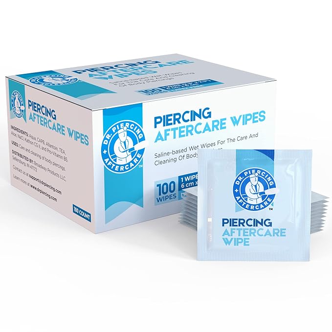 Dr. Piercing Aftercare Wipes – Piercing Aftercare | Saline Solution for Piercings - Keloid Bump Ear Piercing Cleaner – Ears Lips Belly Nose Piercing Bump - Piercing Hole Cleaner (100 Count)