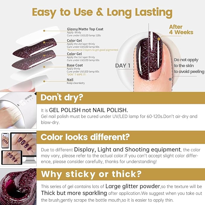 YTD Likomey Gel Nail Polish,15ml Colorful Wine Purple Glitter Fall Winter Dark Plum Shimmer Shiny Sparkly Salon Home DIY Manicure UV Color Varnish,SF402