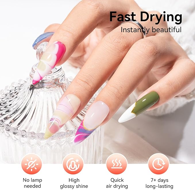 Nail Polish Set with Base & Top Coat, Rich in Castor Oil, Red Green Blue White French Nail Polishes for All Seasons, Quick Dry, Vegan,Hema-free, Non-Gel, DIY Nails Art Gift for Women