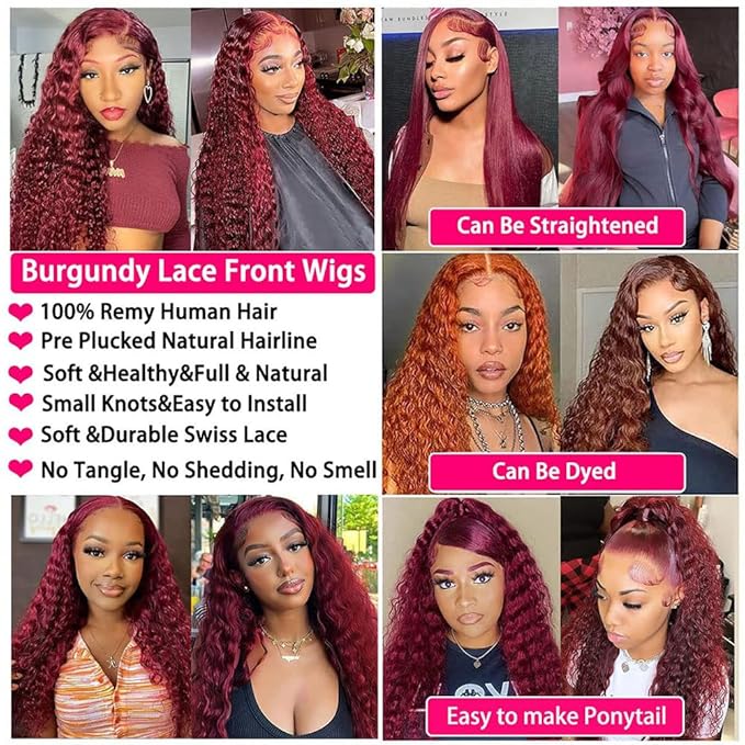 99J Burgundy Deep Wave Lace Front Wigs Human Hair Pre Plucked 13x4 HD Lace Front Wigs for Black Women 24 Inch Red Colored Deep Curly Wet and Wavy Glueless Human Hair Wig