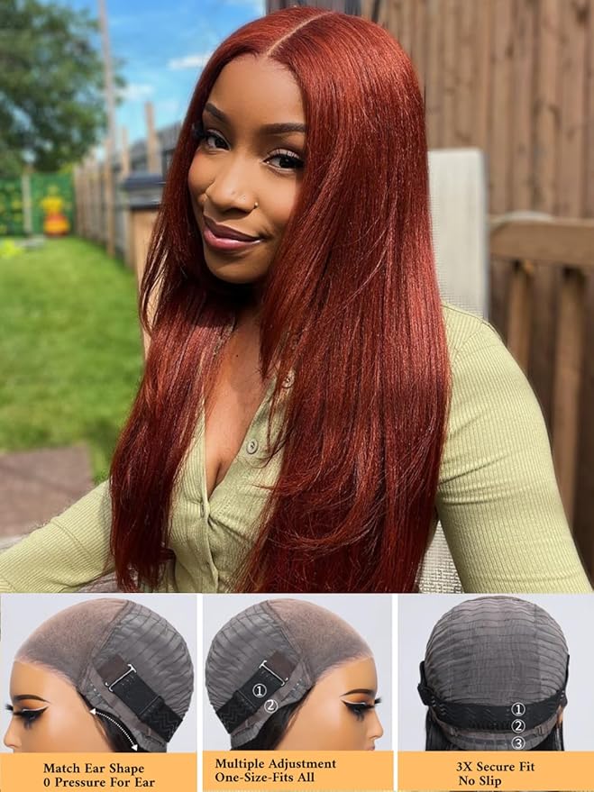 Julia Hair 12A Bye Bye Knots Glueless Wig Reddish Brown Yaki Straight Virgin Human Hair Pre Cut 7x5 HD Lace Front Wigs Invisible Knots Pre Plucked Pre Bleached Auburn Copper Wig 150% Density 26 Inch