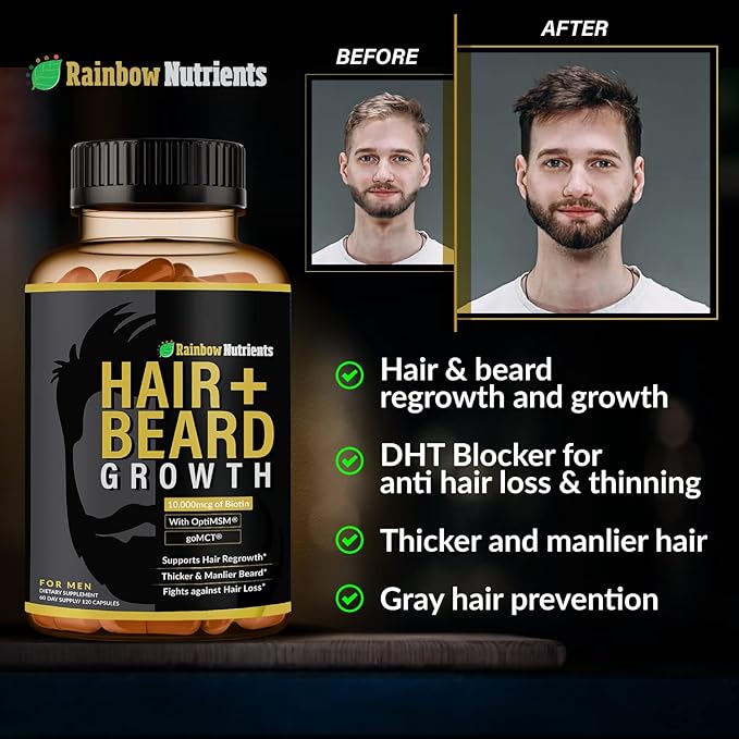 Hair + Beard Growth Vitamins for Men | Biotin 10,000mcg, Collagen, Patented OptiMSM®, goMCT®, Saw Palmetto | 60 Day Supply | Naturally Regrow Stronger, Thicker, Healthier Hair & Stops Hair Los