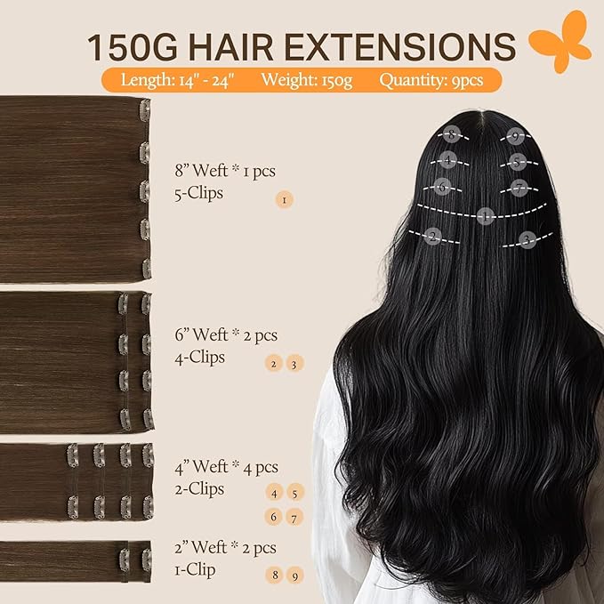DOORES Real Human Hair Extensions, Chocolate Brown 18 Inch 150g 9pcs, Clip in Straight Thick
