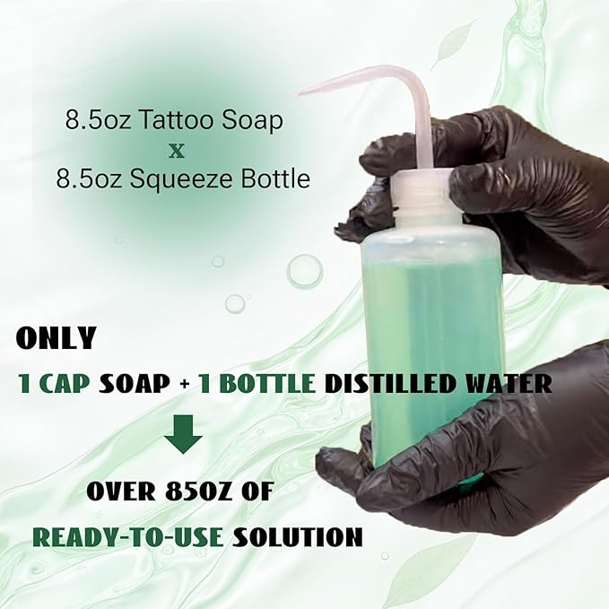 Green Soap Tattoo Cleaner Kit 8.5oz Ultra Concentrated Tattoo Soap + 8.5oz Squeeze Bottle — Professional Skin Prep & Piercing Aftercare for Tattooing Artists & Beginner