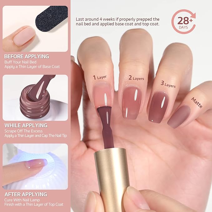 GAOY Jelly Nude Nail Polish Set, 6 Transparent Colors Sheer Brown Grey Soak Off UV Light Cure Gel Polish Kit for Salon and Nail Art DIY at Home