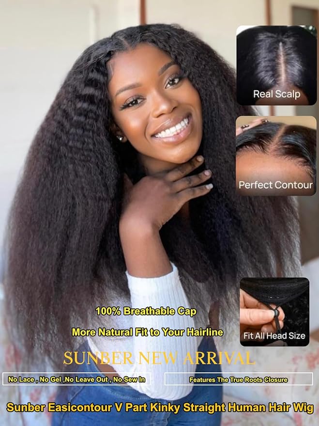 Sunber EasiContour Kinky Straight V Part Human Hair Glueless Wigs with Drawstring No Leave Out No Gel 180% Density Vpart light Kinky straight Clip In Half Wigs No Leave Out Real Scalp V Shape 22Inch