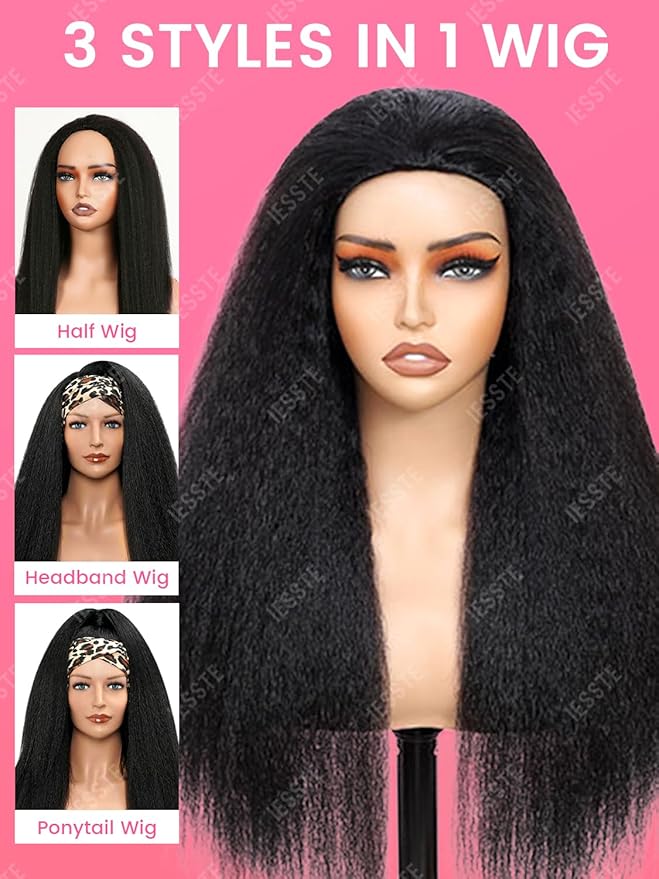 16Inch Kinky Straight Half Wig Human Hair 3 In 1 Seamless Flip Over Half Wigs for Black Women Wear & Go No Lace Glueless Drawstring Flip Over Wig Beginner Friendly Headband Wig 200 Density