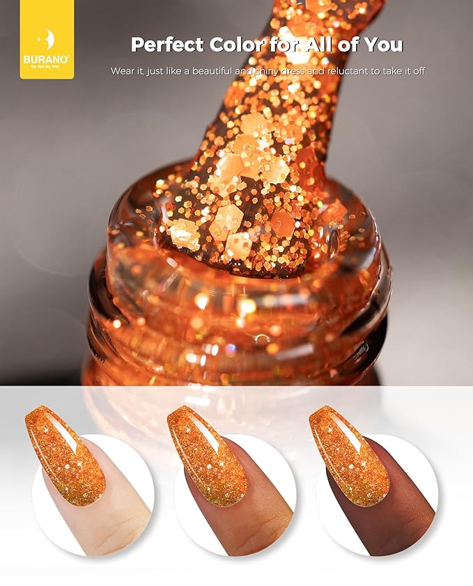 BURANO Glitter Gel Nail Polish - LED UV Curing, Holographic Effect, No Chip Sparkle Gel, Home DIY Nail Salon (Fall LP39)