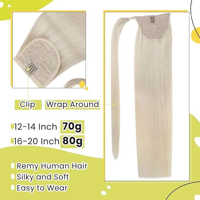 RUNATURE Real Hair Ponytail Extension 18 Inch 80g Ice Blonde Ponytail Human Hair Extensions Natural Clip in Ponytail Hair Extensions Real Human Hair for White Women Long Pony Tails Extension