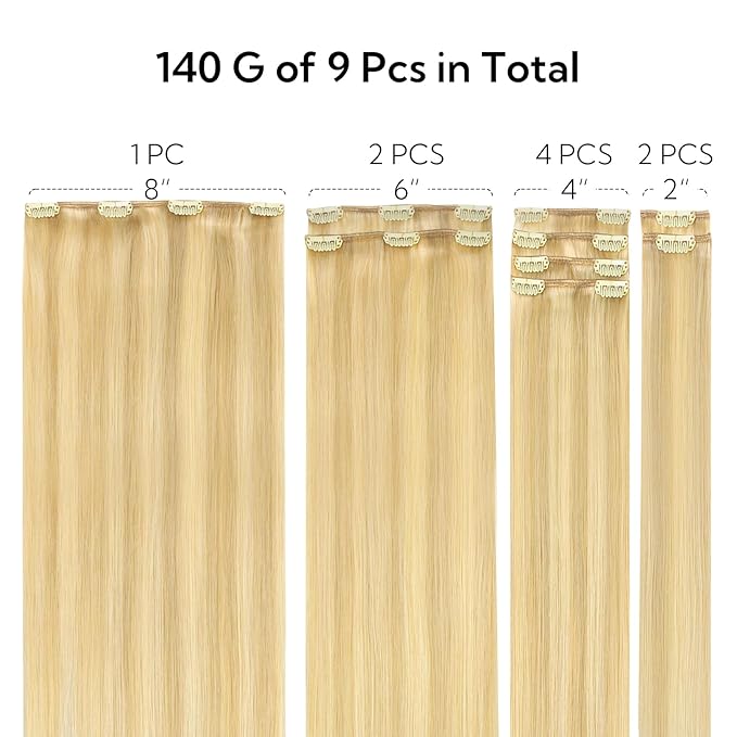 HOTBANANA Clip in Hair Extensions Real Human Hair, 135g 9pcs 14 inch Light Blonde Highlighted Golden Blonde Straight Remy Clip in Extensions Full Head for Women