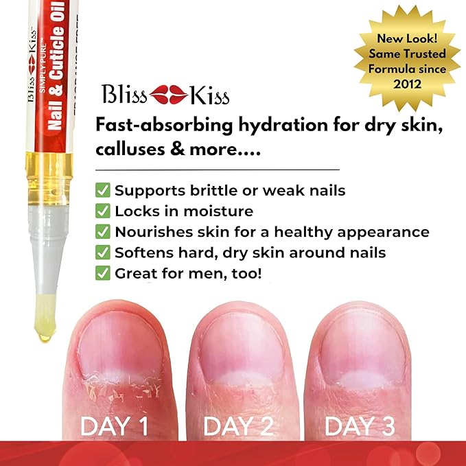Bliss Kiss | Fragrance Free 4 Nail Oil Cuticle Pens w/Vitamin E & Jojoba⏤Nail Strengthener Nail Growth and Strengthening Serum for Brittle, Peeling, Breaking, Thin nails