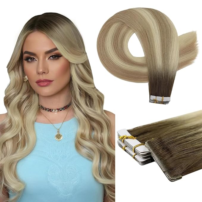 Full Shine Machine Virgin Injected Tape in Hair Extensions Color Balayage 2/18/22 Brown and Blonde Seamless Tape in Injection Hair Extensions Human Hair 20Gram 14Inch Skin Weft Real Hair 10Pcs