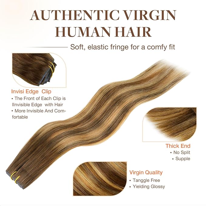 GOO GOO Invisi Edge Clip in Hair Extensions, 16inch 50g 4Pcs, Injected Seamless PU Clip in Hair Extensions, Virgin Real Human Hair, #4/27/4 Balayage Chocolate Brown to Caramel Blonde