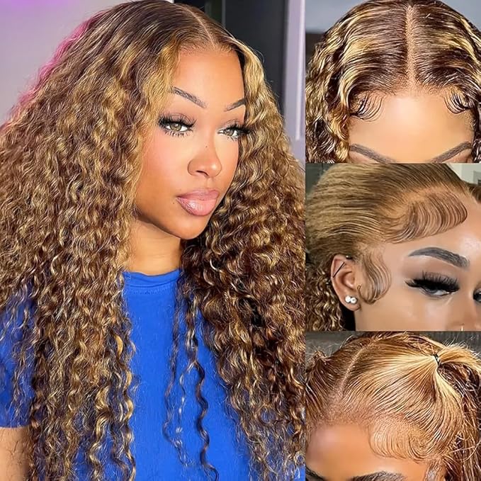 180% Density Highlight 13x4 HD Lace Front Wig Human Hair 4/27 Deep Wave Human Hair Wigs for Black Women Ombre Honey Blonde Curly Wig Human Hair Pre Plucked (20inch)