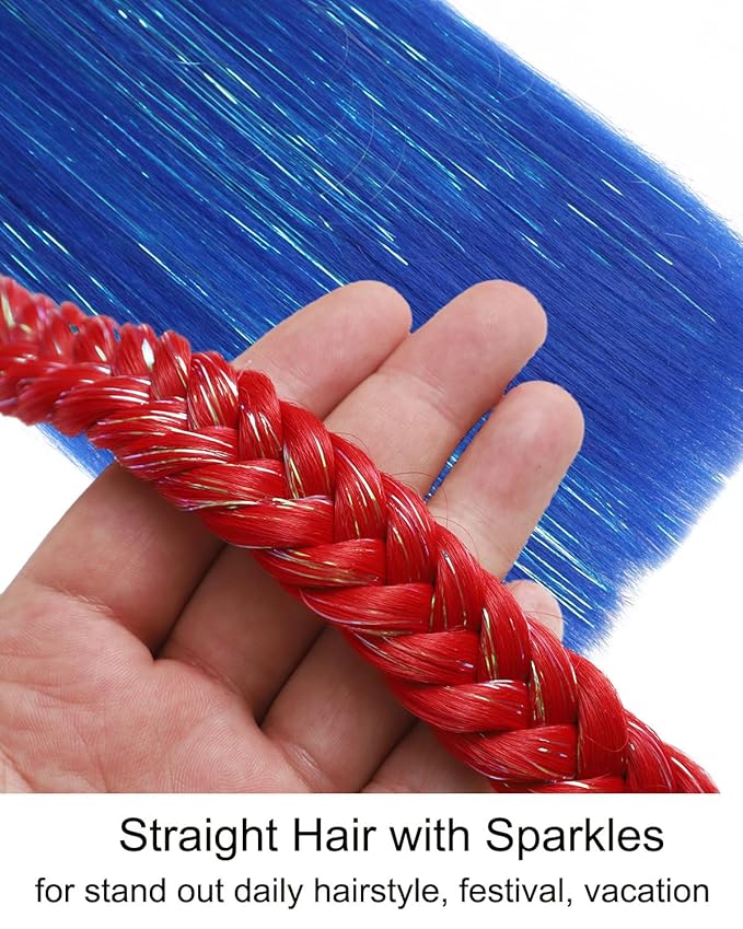 Colored Hair Extensions Red and Blue Ponytail Extension 2 Packs, 20 inch Crazy Hair Day Accessories for Women, DIY Festival Wacky Rave Braids,Tinsel Mixed