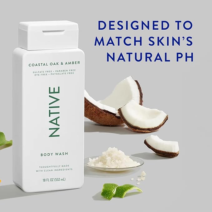 Native Body Wash Contains Naturally Derived Ingredients | For Women & Men, Sulfate, Paraben, & Dye Free Leaving Skin Soft and Hydrating | Coastal Oak & Amber 18 oz - 2 Pk