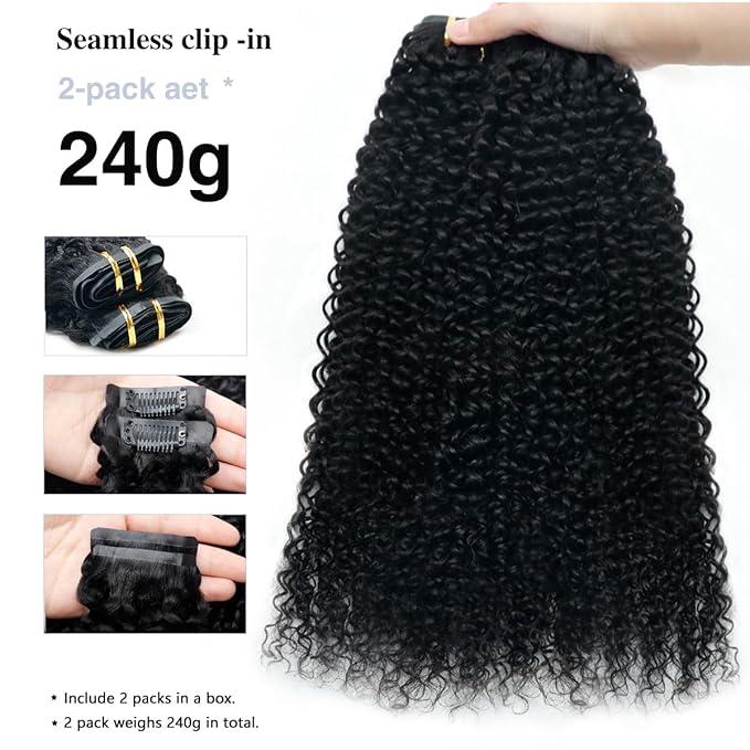 Curly Clip in Hair Extensions Real Human Hair 2 Pack 240g Seamless Kinky Curly Clip ins for Black Women Full Max 12A Remy Human Hair Extensions PU Skin Weft 14inch Natural Black
