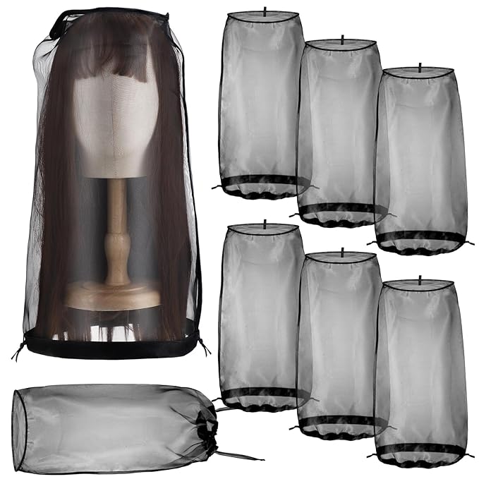 Loopeer 6 Pcs Wig Storage Bags Adjustable Wig Bag with Drawstring Portable Travel Organizer for keep from Dirt Dust(Black)
