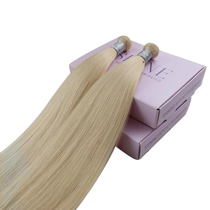 Fshine Genius Weft Human Hair Extensions Platinum Blonde 24 Inch 60g Real Human Hair Sew in Hair Extensions for Women Blonde Human Hair Bundle One Piece Remy Human Hair