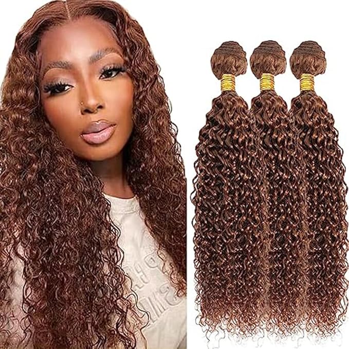 12 14 16 Inch Brown Bundles Human Hair #30 Dark Brown Water Wave 3 Bundle Unprocessed Brazilian virgin hair Weave Extensions Double Weft 50 Grams/Bundle Colored Brown Bundles for Woman