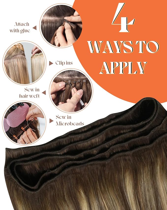 Sunny Hair Sew in Hair Extensions Real Human Hair Balayage Weft Hair Extensions Human Hair Brown Roots to Caramel Blonde Balayage Hair Weft Full Hair Volume Weft Human Hair Extensions 22inch 135g