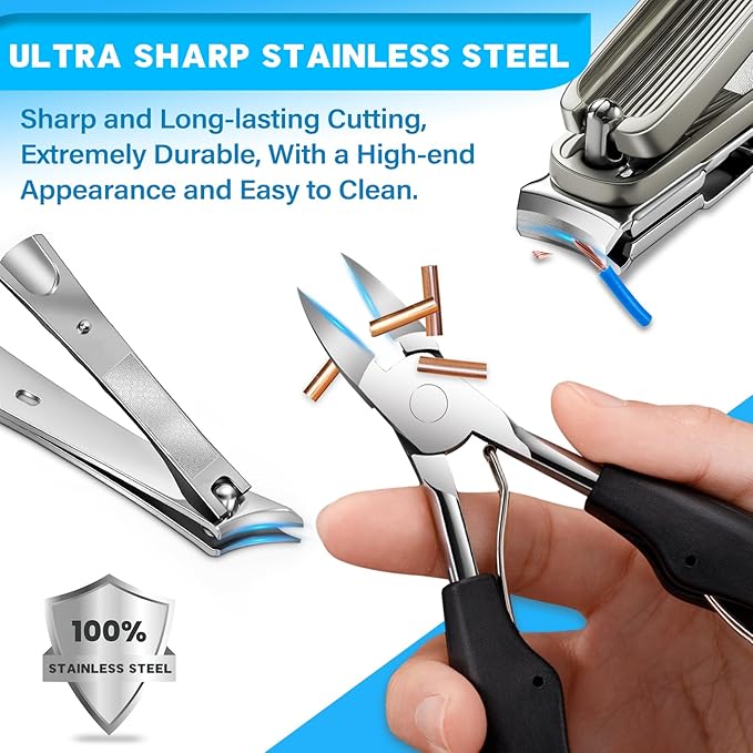 8-in-1 Heavy Duty Toenail Clippers for Thick Nails - Wide Jaw Ingrown Kit for Seniors. Surgical Steel Pedicure Set. Arthritis Friendly Household Essential. Best Gift for Men & Parents