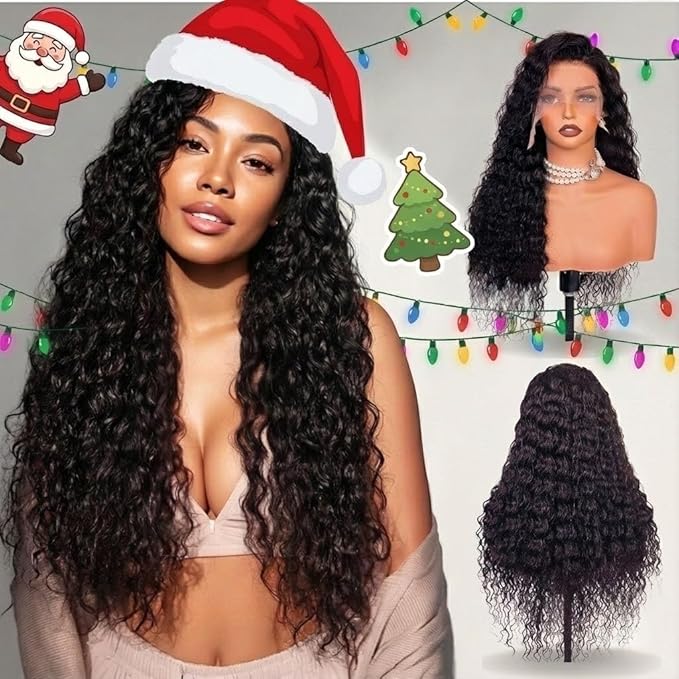 32 Inch Deep Wave Lace Front Wigs Human Hair, 13x6 HD Wet and Wavy Lace Front Wigs, Curly Human Hair Wig, 180 DensityDeep Wave Wig, Pre Plucked & Glueless, Natural Color