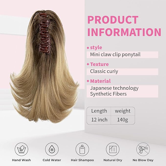 Ponytail Hair Extensions, 12 Inch Claw Clip Ponytail Hair Extensions for Women, Chin Clip Wigs, Soft Synthetic Wigs-Brown to Ash Blonde
