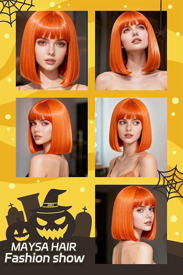 MAYSA Orange Bob Wig with Bangs for Women Short Straight Bob Wigs 12in Synthetic Cosplay Halloween Party Neon Wigs # Orange