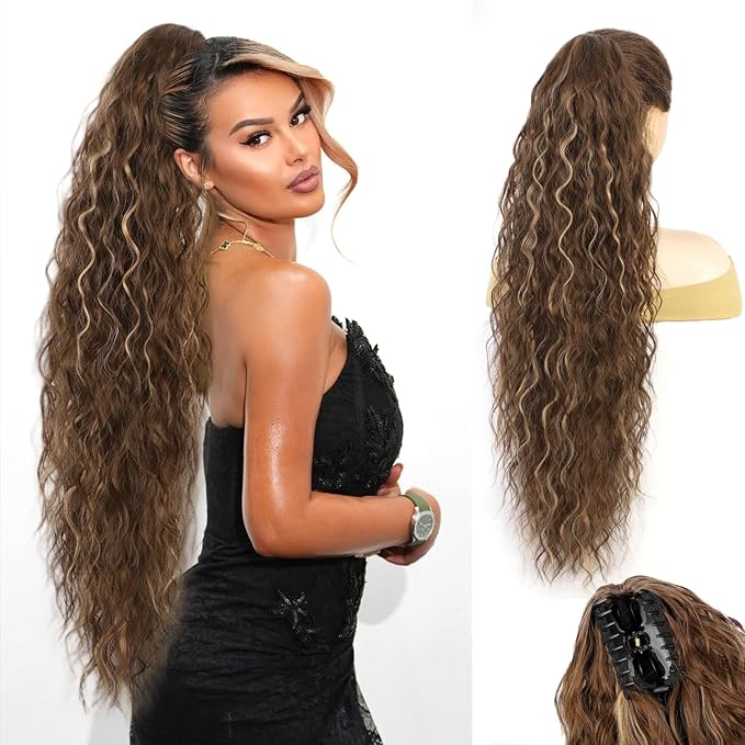 ENBEAUTIFUL 30" Claw Clip Ponytail Extension Long Wavy Ponytail Extension Synthetic Pony Tails Hair Extensions Clip in Hair pieces Fluffy Natural Looking for Women Light brown with Blonde