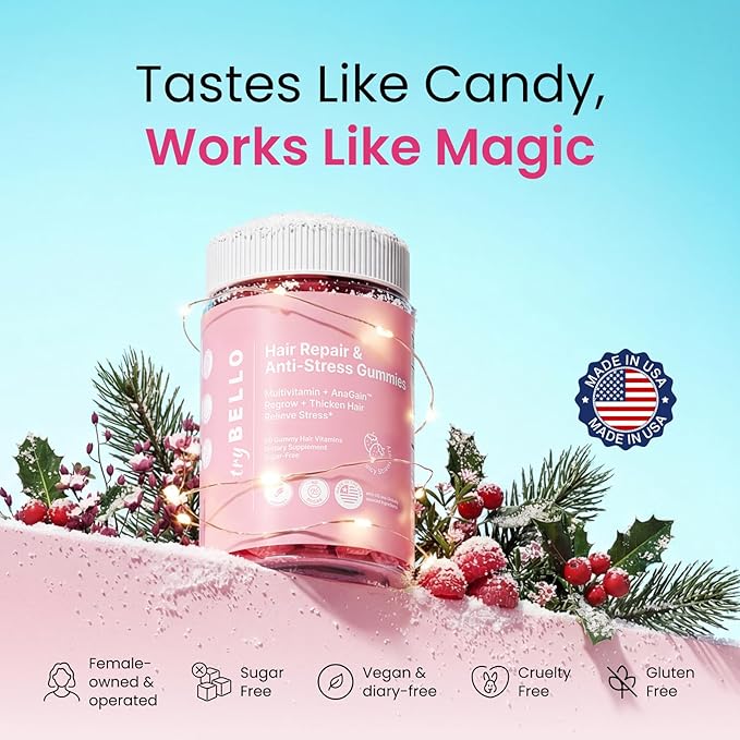 Trybello Anti-Stress & Hair Growth Gummies for Women | Sugar-Free, Vegan Hair Supplements | Gluten-Free, Soy-Free, Dairy-Free Gummy Vitamins for Thicker, Healthier Hair | 30 Servings