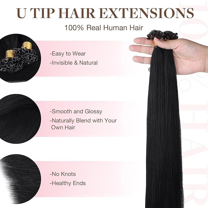 GOO GOO U Tip Real Human Hair Extensions, 22inch 50g 50S, Hot Fusion, Jet Black