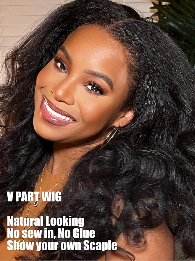 Julia Hair V Part Human Hair Wig Kinky Straight for Women Glueless Wigs Brazilian Virgin Human Hair Wigs Upgrade Upart Wig No Leave Out No Glue No Sew Natural Black Beginner Friendly 24 Inch