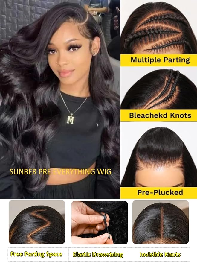 Sunber Body Wave Human Hair Lace Frontal Glueless Wig 13x4 Pre Everything Pre Cut Lace Front Drawstring Wig Bye Bye Knots Pre Plucked with Baby Hair 150% Density 26Inch Pull Go Wigs